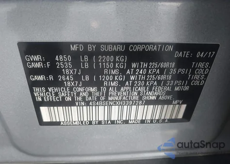 2017 Subaru Outback 3.6R Limited from USA, damaged, VIN 4S4BSENCXH3397287